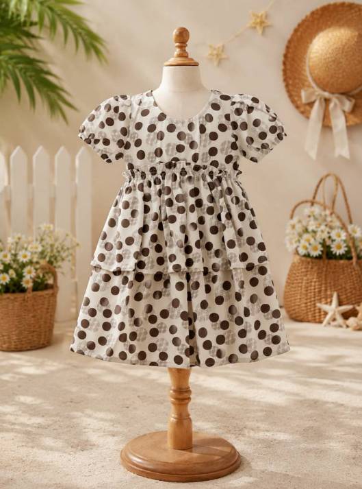 Girls’ Dress Cream base with Chocolate Brown geometric polka dots