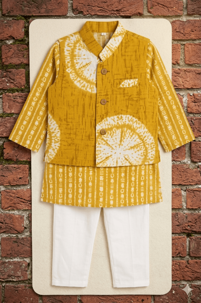 Kurta & Pajama with Nehru Jacket (3 PCS) – Mustard Yellow and White