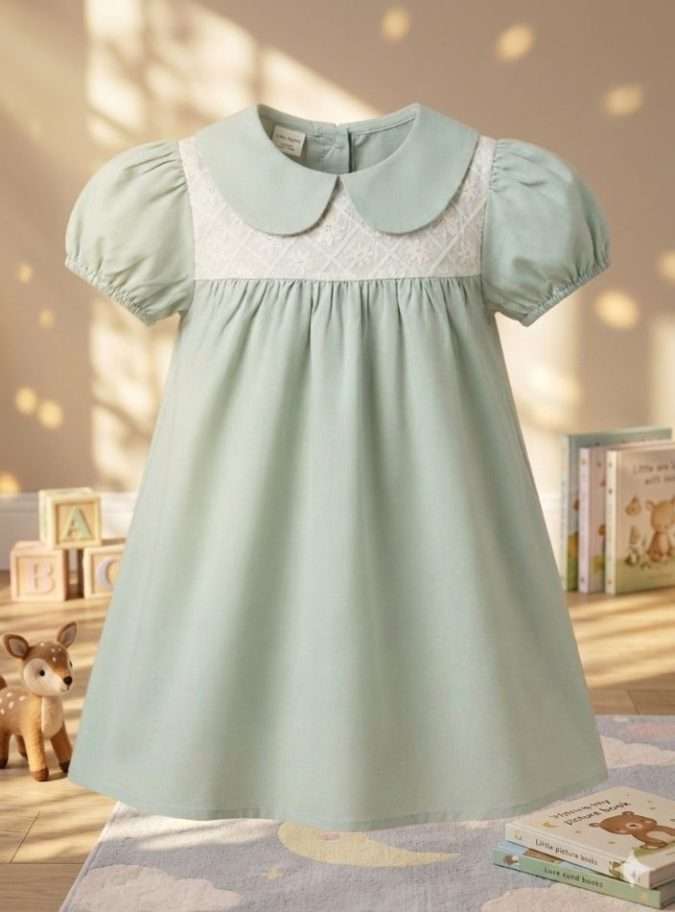 Girls’ Dress (Sage Green / Muted Seafoam with Cream Lace)