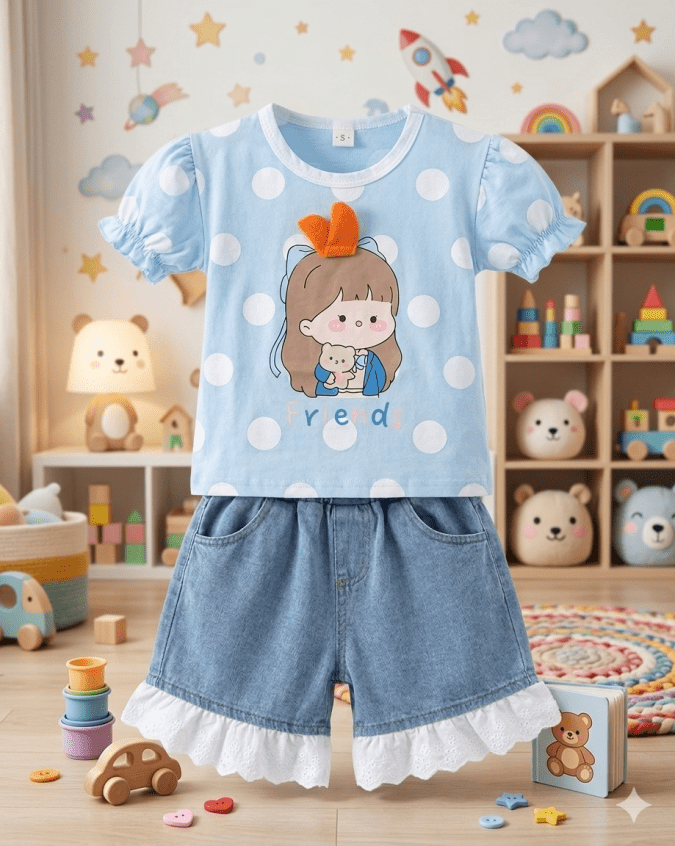 Girls – Sky Blue Cord Sets with Polka Dot Prints