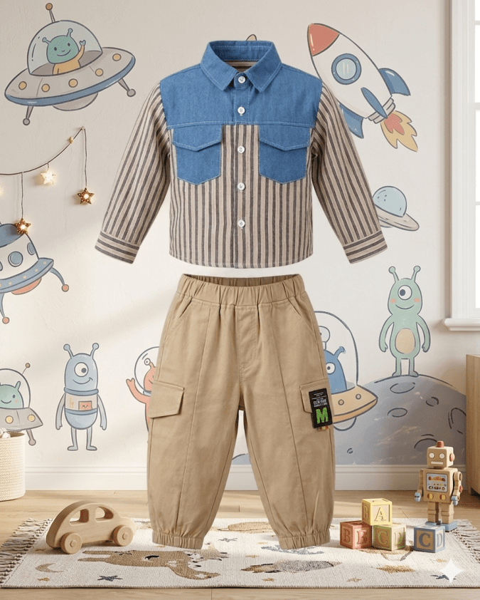 Boys – Blue Denim & Grey/white stripes Shirt with Khaki trouser