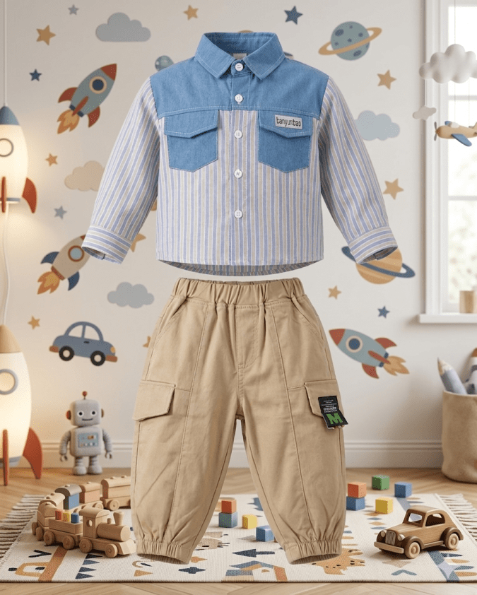 Boys – Blue denim and grey/white stripes Shirt with Khaki trouser