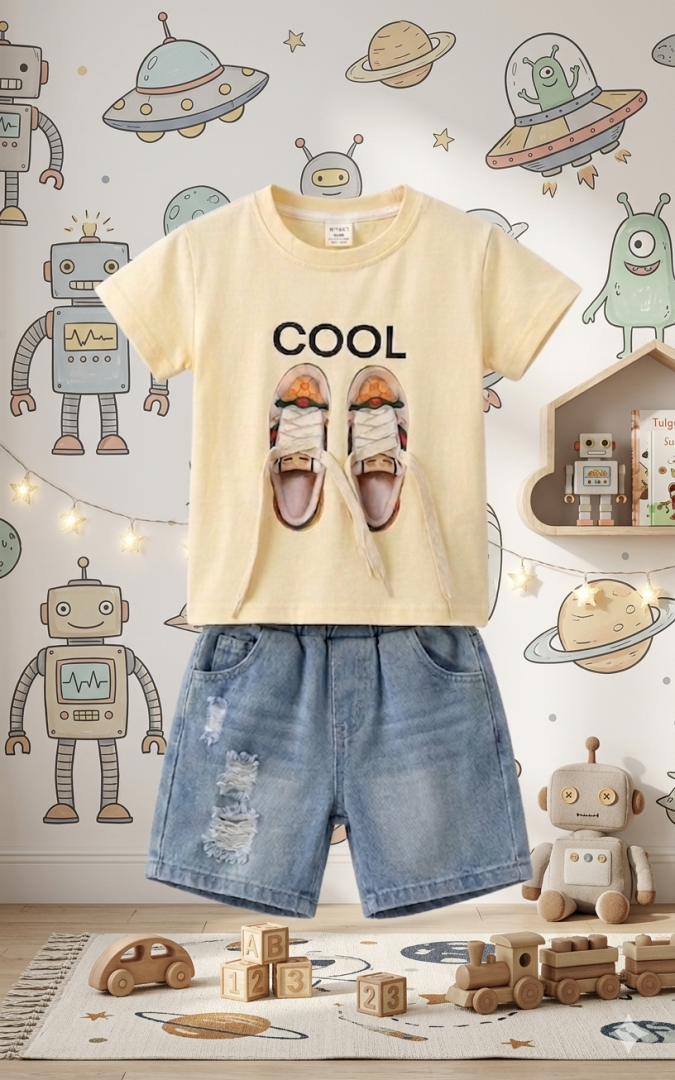 Boys  Off-white Round neck T-shirt with Shoe lace embellishment