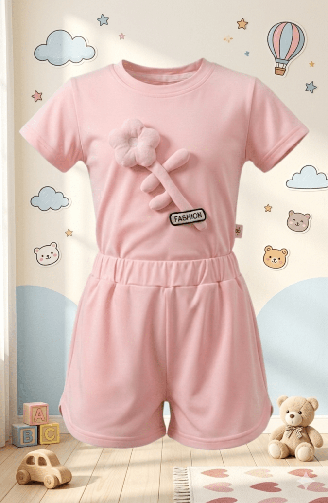 Girls – Peach Pink Floral Applique Cord Sets with Lace Detail