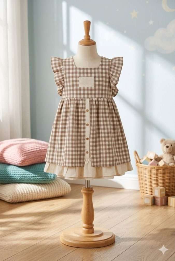 Girls’ Dress Taupe and White Gingham / Checkered