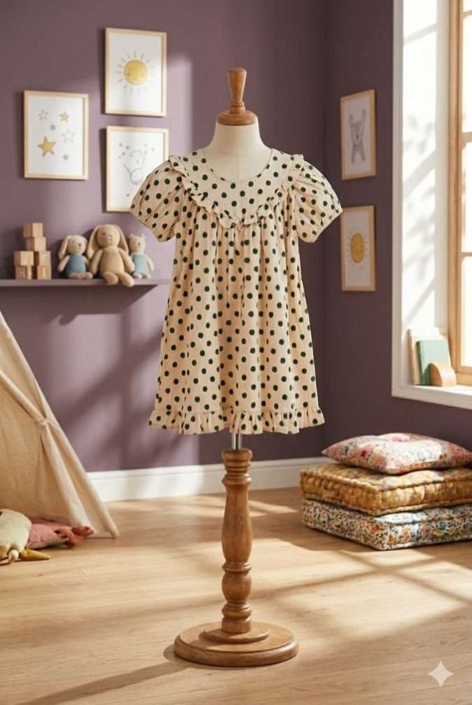 Girls’ Dress Cream / Off-white base with Dark Green textured polka dots