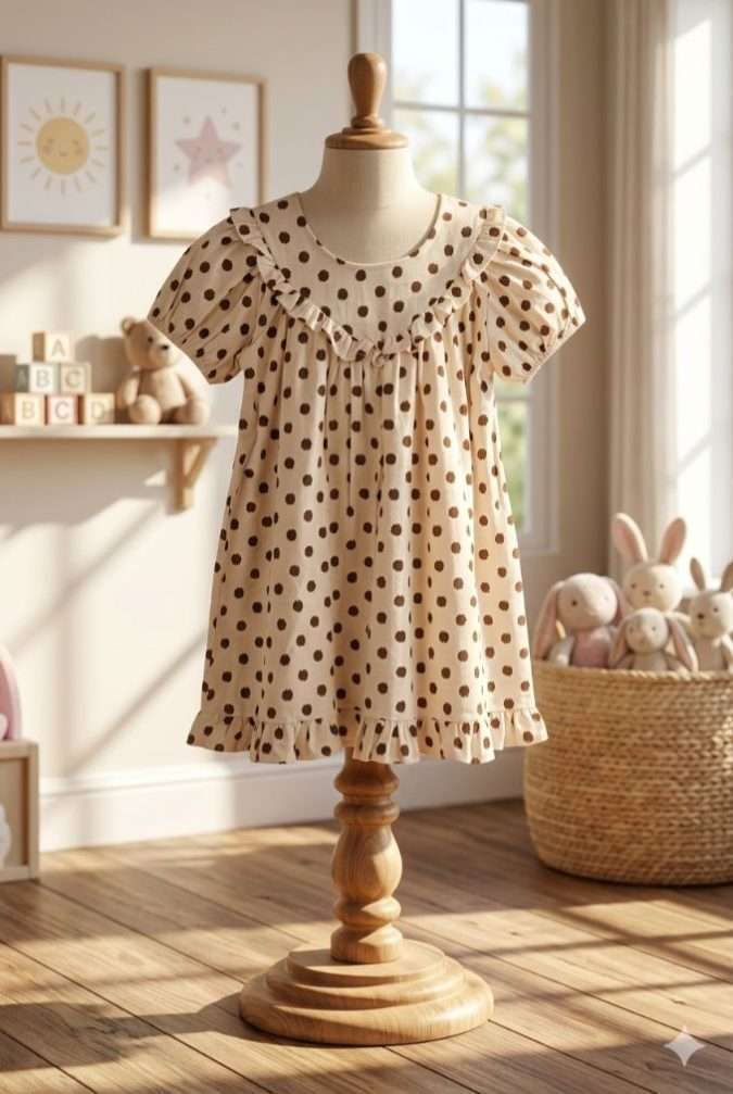 Girls’ Dress Cream / Off-white base with Chocolate Brown textured polka dots
