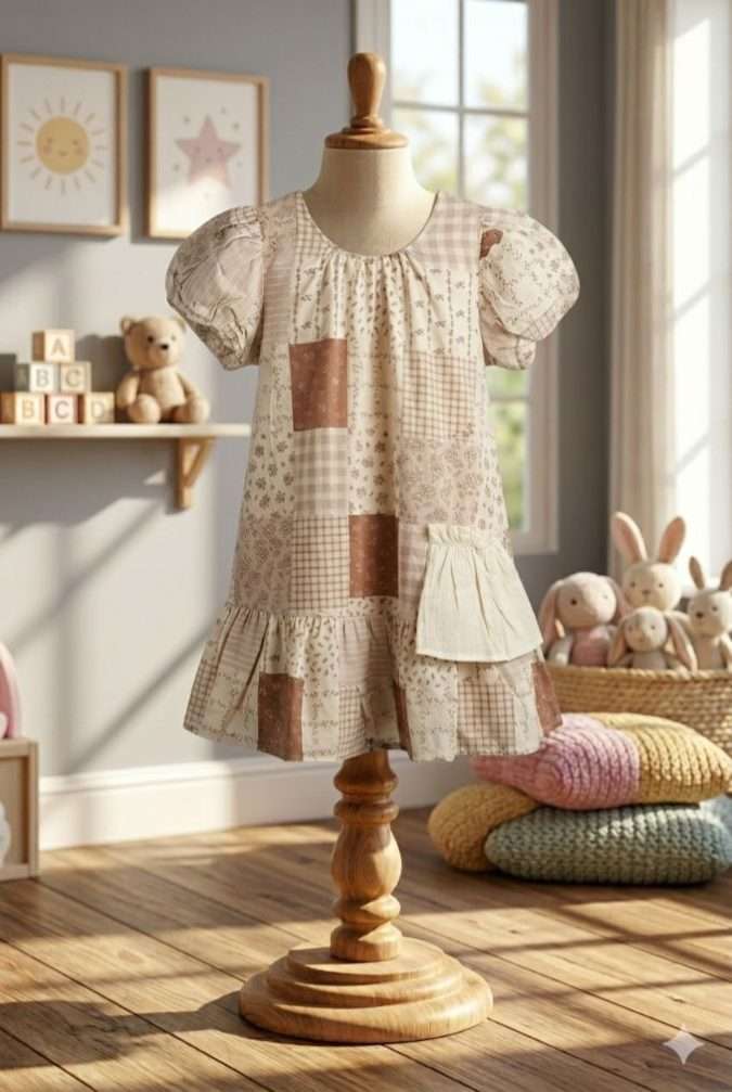 Girls’ Dress Earthy Brown, Mauve, and Cream