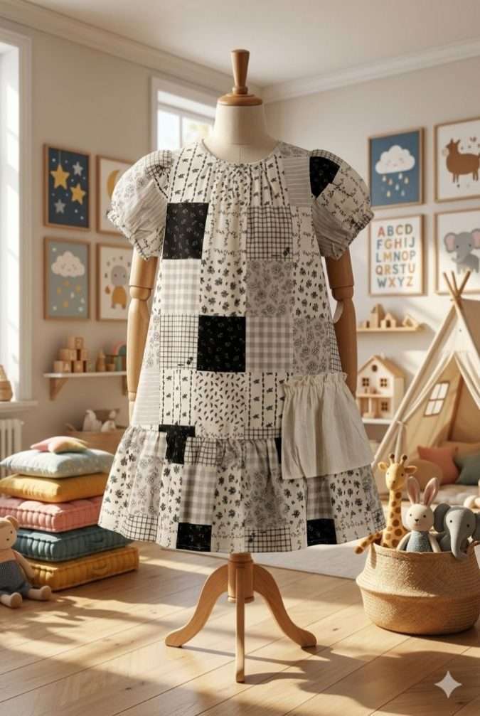 Girls’ Dress Monochrome (Black, White, and Grey)