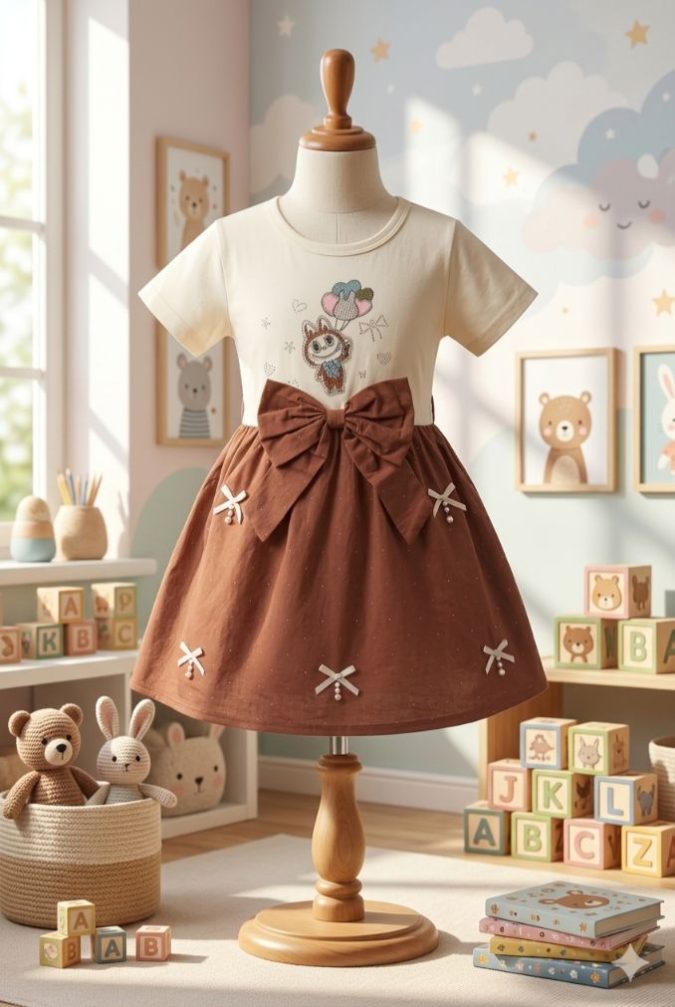 Girls’ Dress Ivory White (Bodice) and Terracotta / Rust Brown (Skirt)