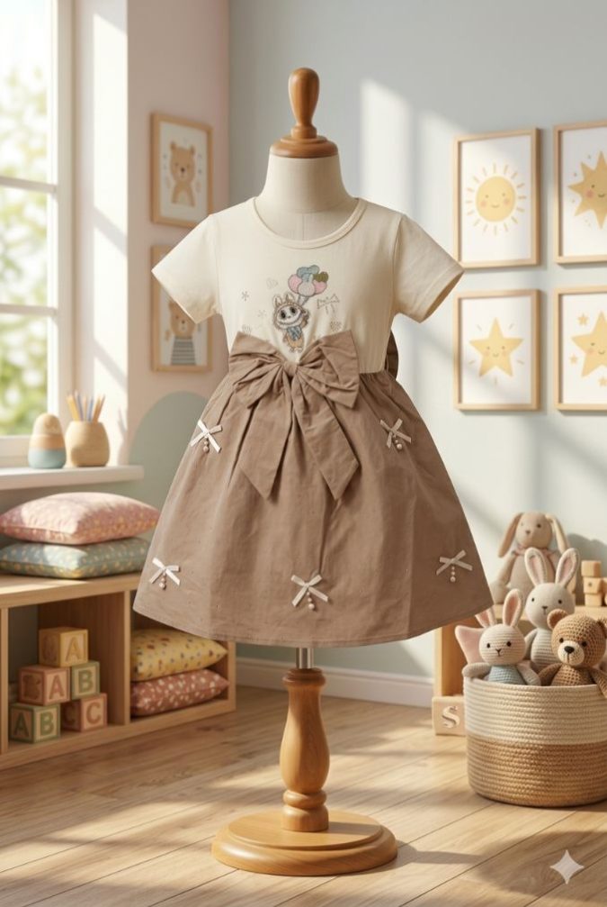 Girls’ Dress Ivory White (Bodice) and Khaki / Sand Brown (Skirt)