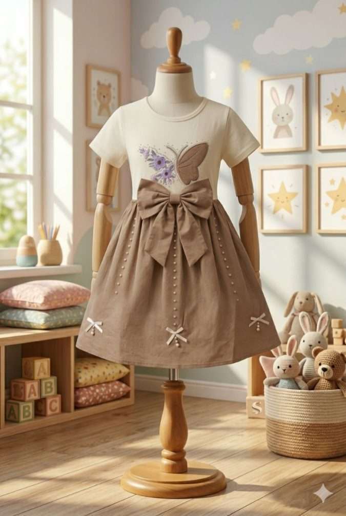 Girls’ Dress Cream / Off-white (Bodice) and Muted Taupe / Mocha (Skirt)