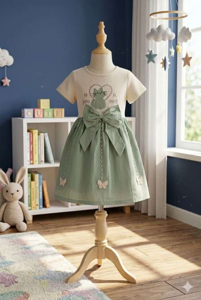 Girls’ Dress Ivory White (Bodice) and Sage Green (Skirt)