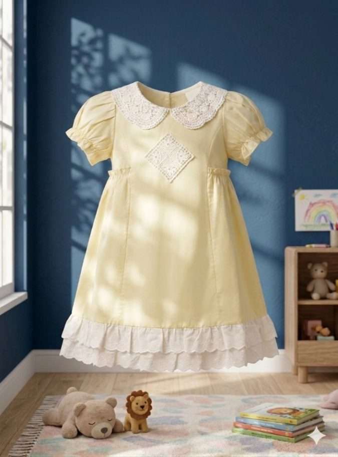 Girls’ Dress (Pastel Lemon Yellow with Cream Lace)
