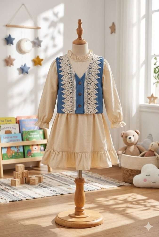 Girls’ Long-Sleeve Dress (Cream (Base Dress) and Blue )