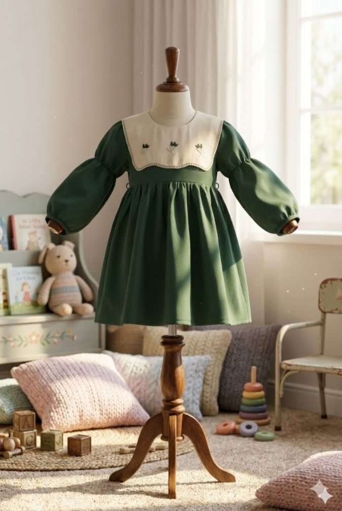 Girls’ Long-Sleeve Dress (Deep Forest Green with Cream)