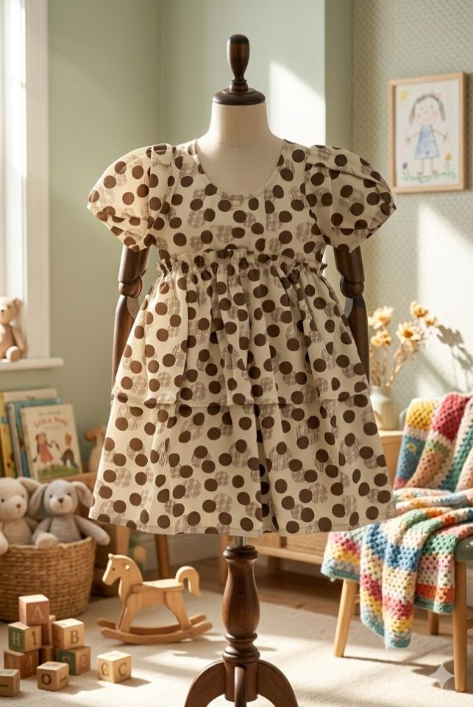 Girls’ Dress Cream base with Chocolate Brown geometric polka dots
