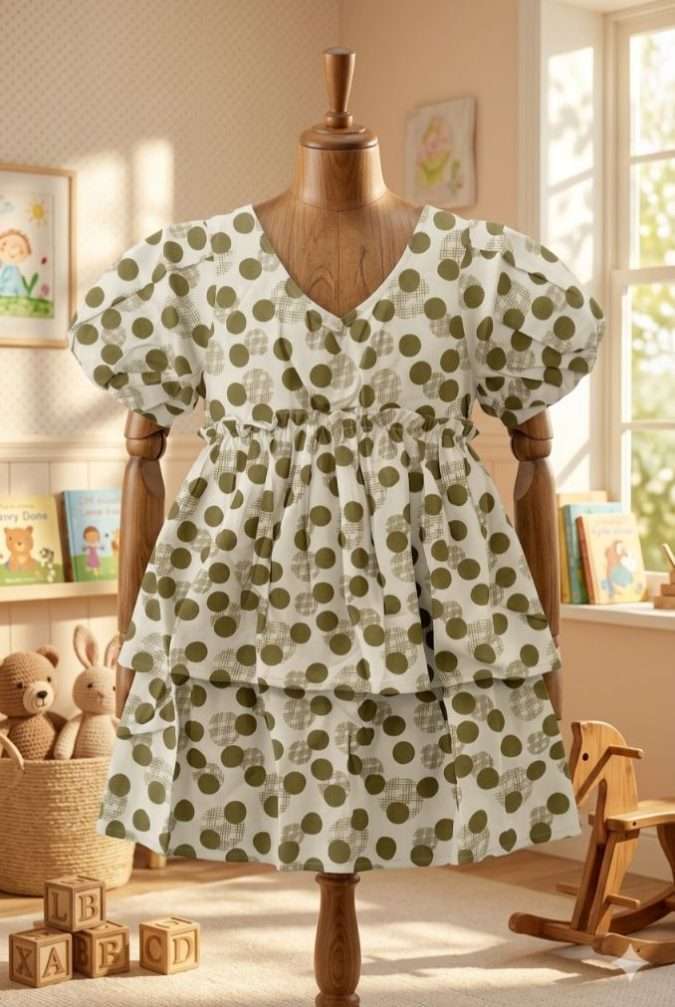 Girls’ Dress Cream base with Olive Green geometric polka dots