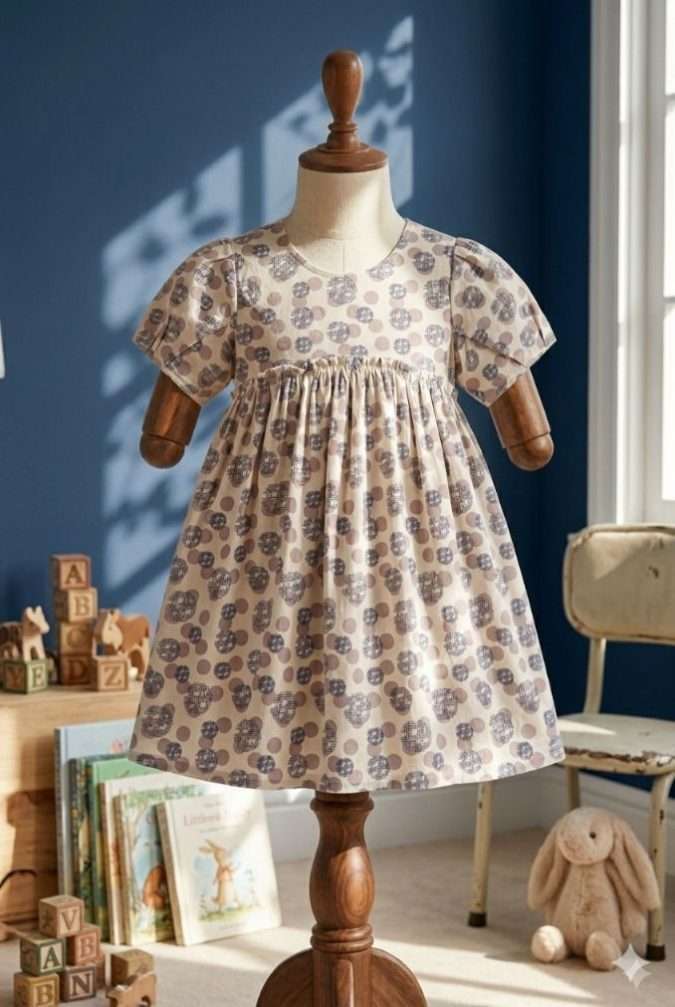 Girls’ Dress Cream base with Mauve and Navy Blue geometric polka dots