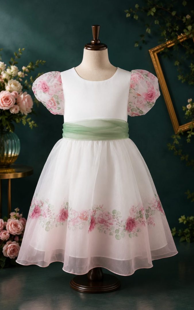 Girls’ Party Dress( Ivory, Rose Pink, and Sage Green)