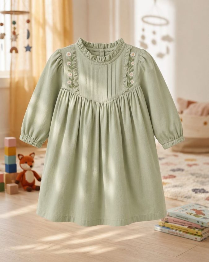 GIRLS COTTON  DRESS (Olive Light Green )