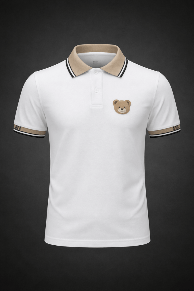 Boys – White polo with teddy bear patch