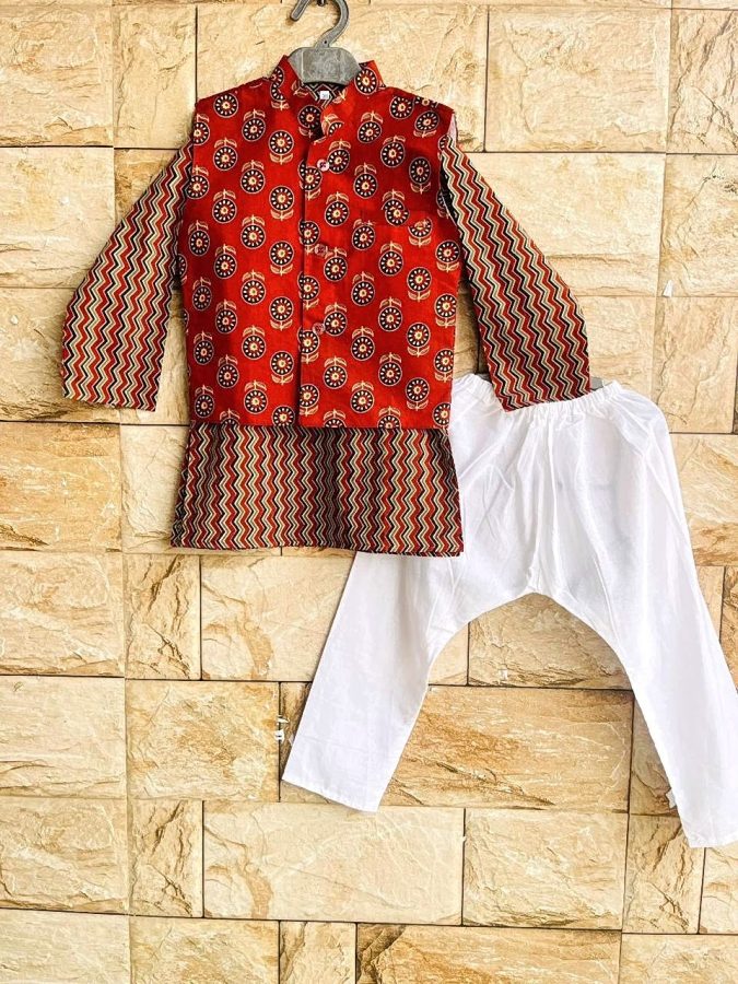 Kurta &  Pajama with Nehru Jacket (3 PCS) – Red