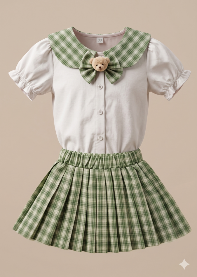 Girls – Green & White Cord Sets with Checks Pattern