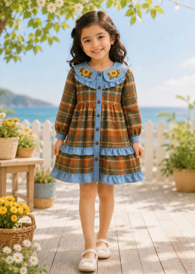 Girls- Check  Tunic Dress (Olive & Blue)