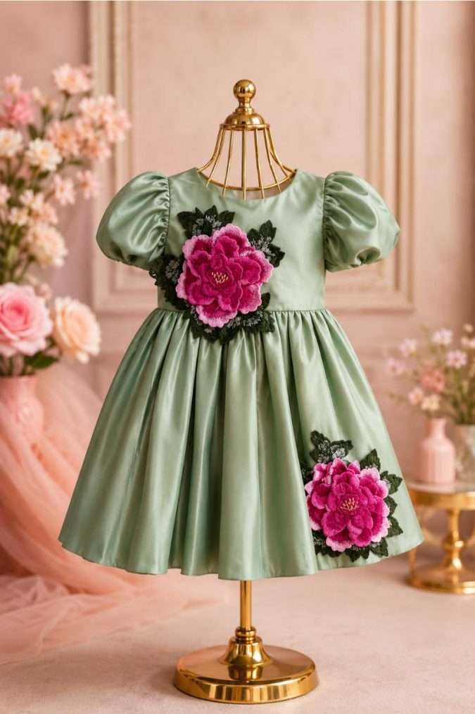 Girls’ Party Dress (Sage Green Olive Satin)
