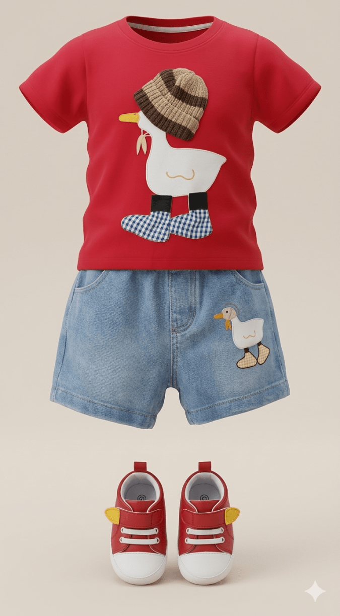 Boys – Red Round crew neck T-shirt with Duck embellishment