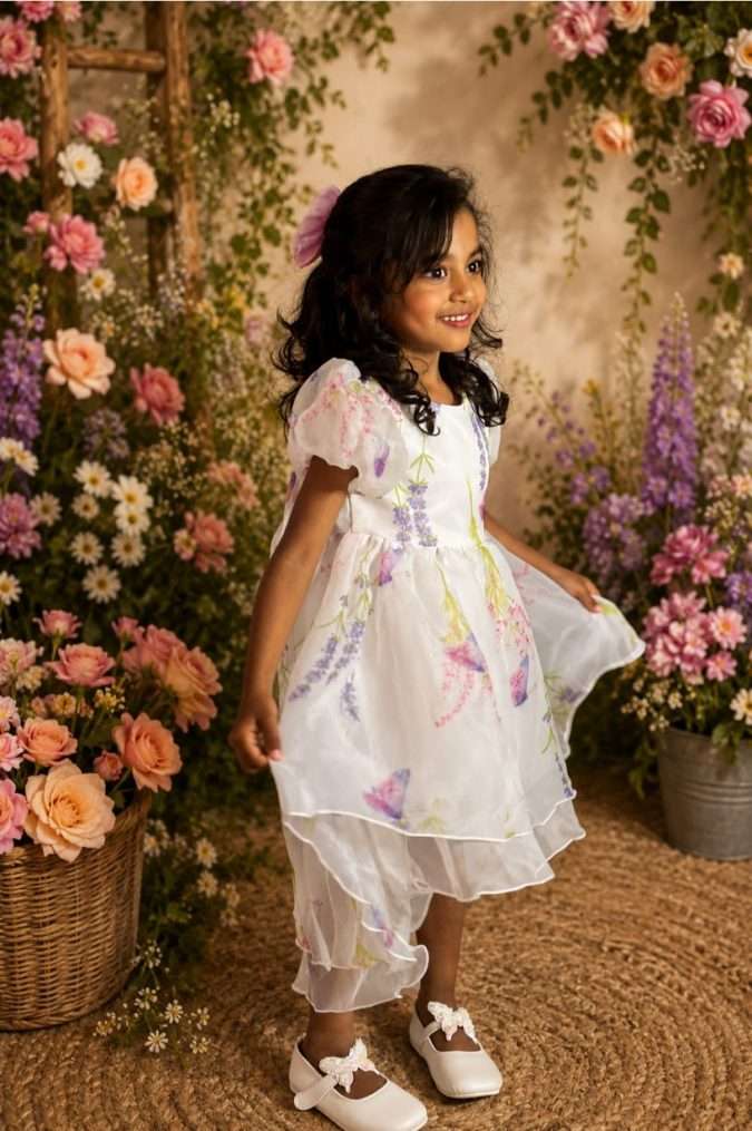 Girls’ Party Dress ( White with Lavender and Pink accents)-Rear Bow