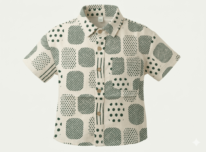 Boys’ Casual Shirt (Cream base with Deep Green)
