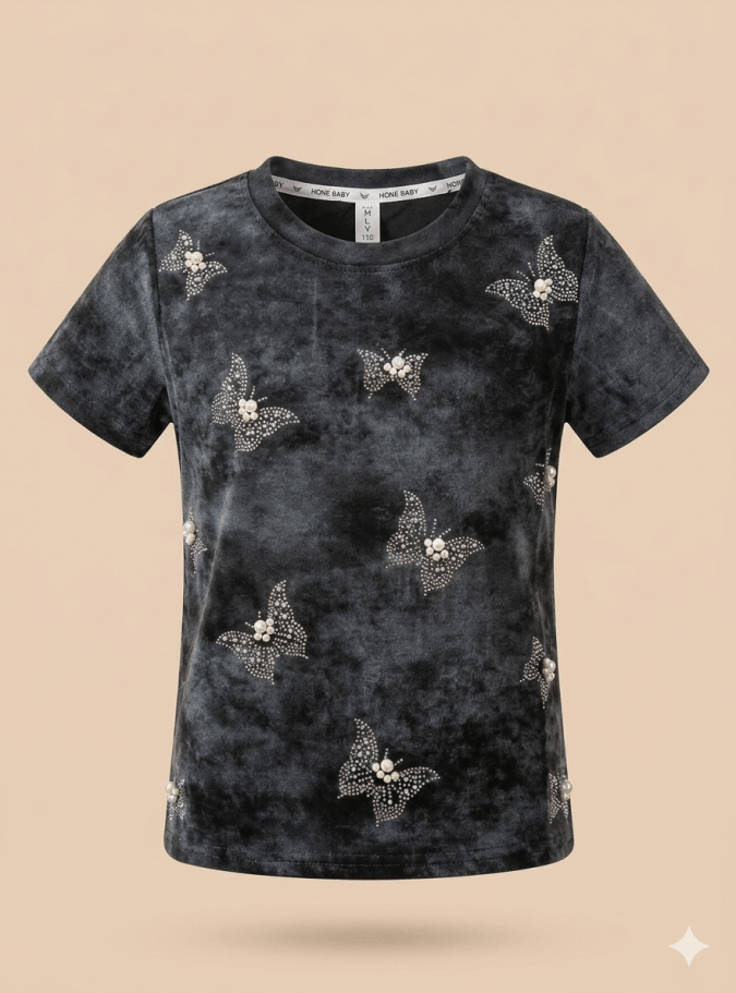 GIRLS CASUAL TSHIRT :Acid Wash Charcoal / Faded Black Marble