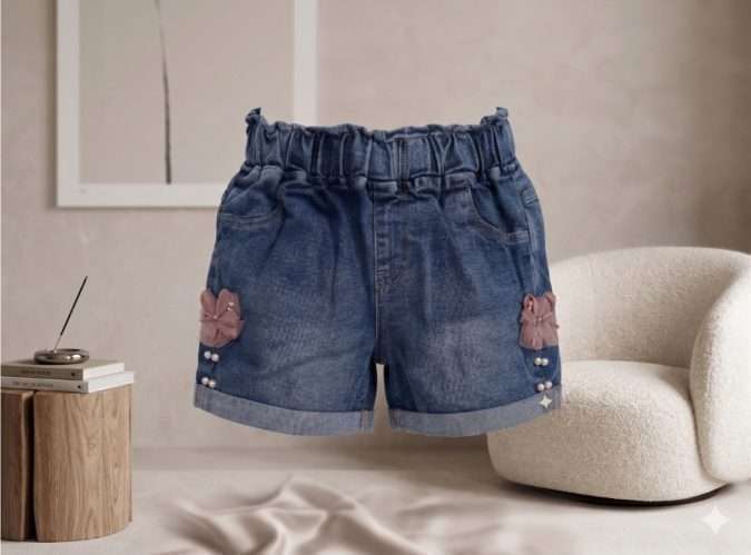GIRLS DENIM SHORTS – PINK TEDDY WITH PEARLS