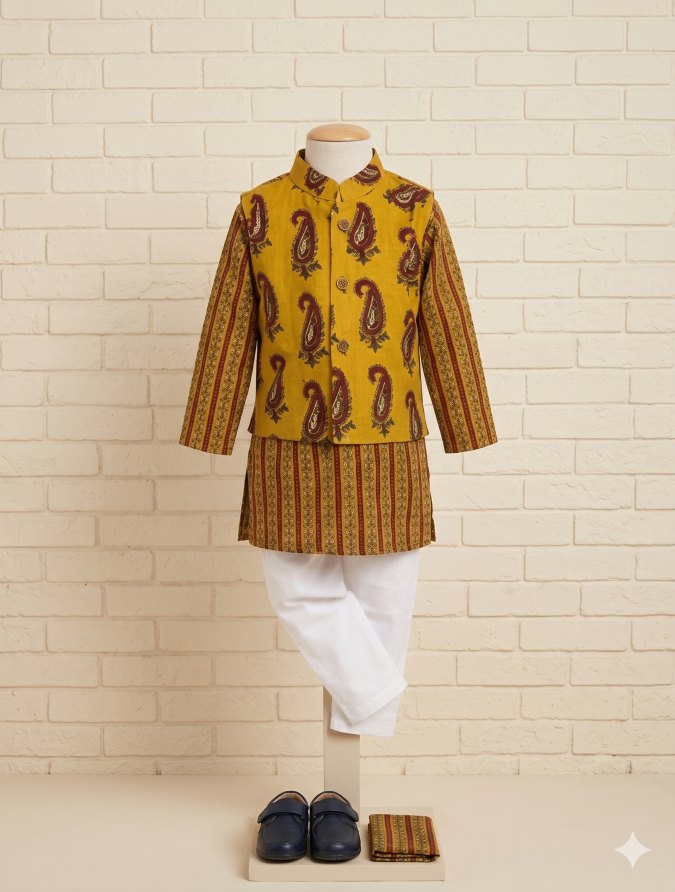 Kurta & Pajama with Nehru Jacket (3 PCS)- Mustard Yellow