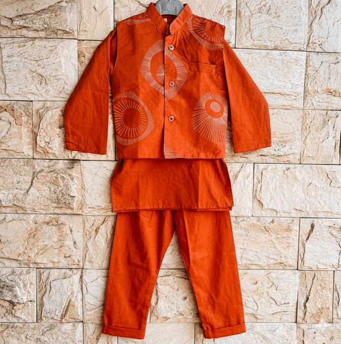 Kurta & Pajama with Nehru Jacket (3 PCS) – Dark Orange