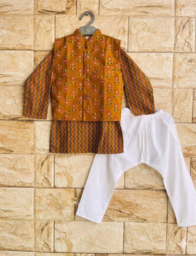 Kurta &  Pajama with Nehru Jacket (3 PCS) – Mustard/Ochre yellow