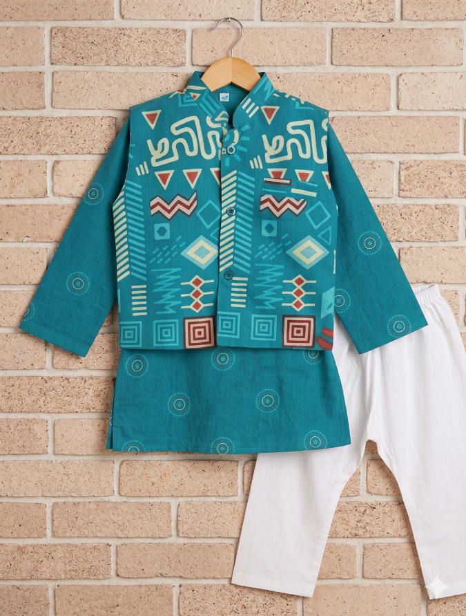 Kurta &  Pajama with Nehru Jacket (3 PCS)- Teal Blue 