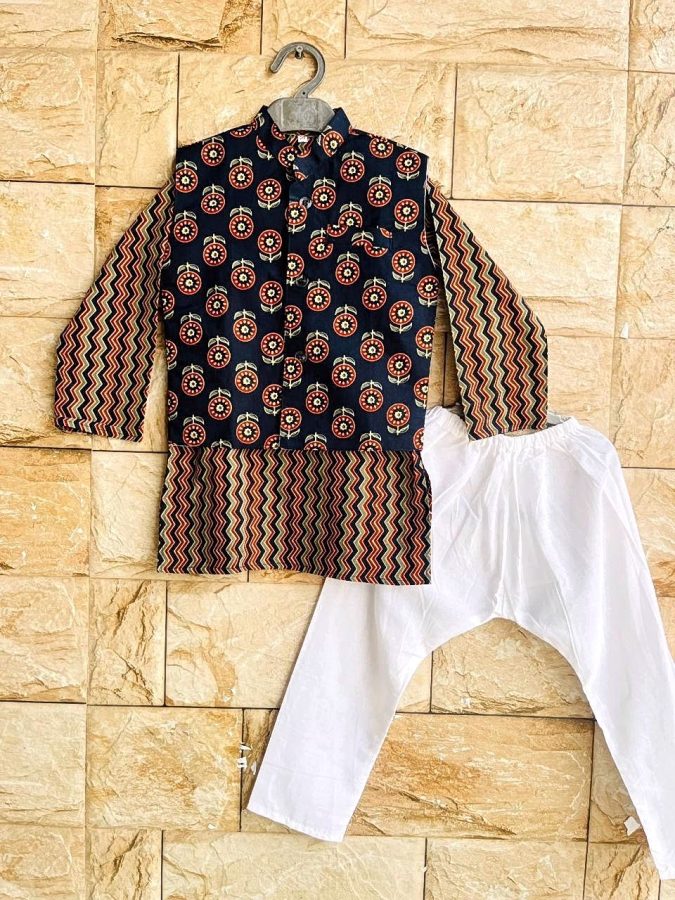 Kurta & Pajama with Nehru Jacket (3 PCS)- Navy Blue