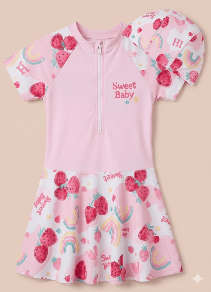 Girls –  strawberry printed swim wear (Light Pink)