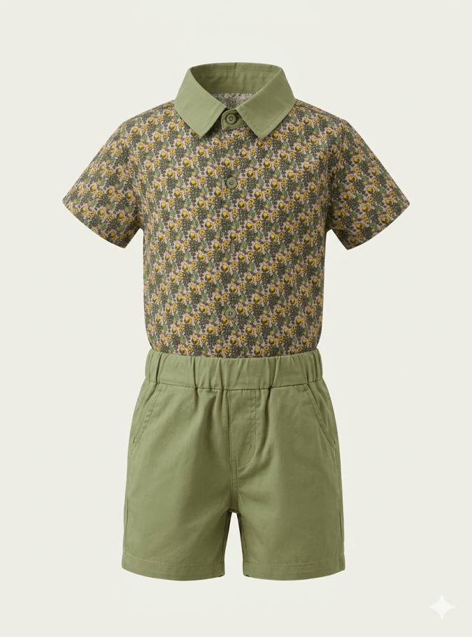 Boys’ Casual Shirt & Shorts (Sage Green and Multicolor)