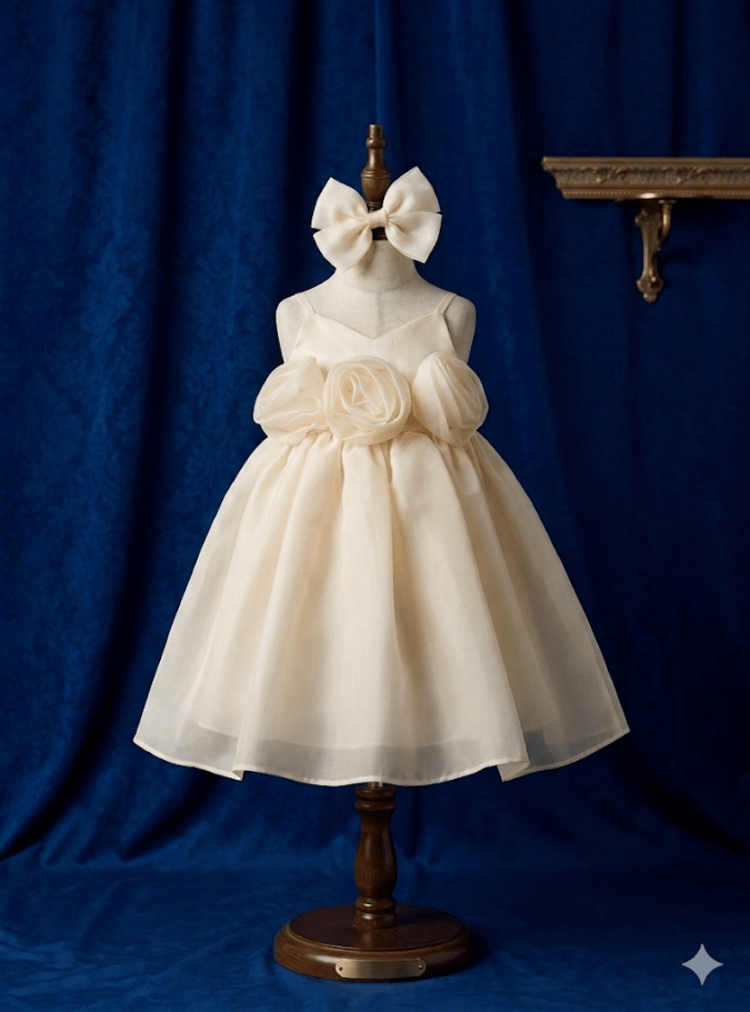 Girls’ Party Dress (Champagne)-Rear Bow& Hair Band