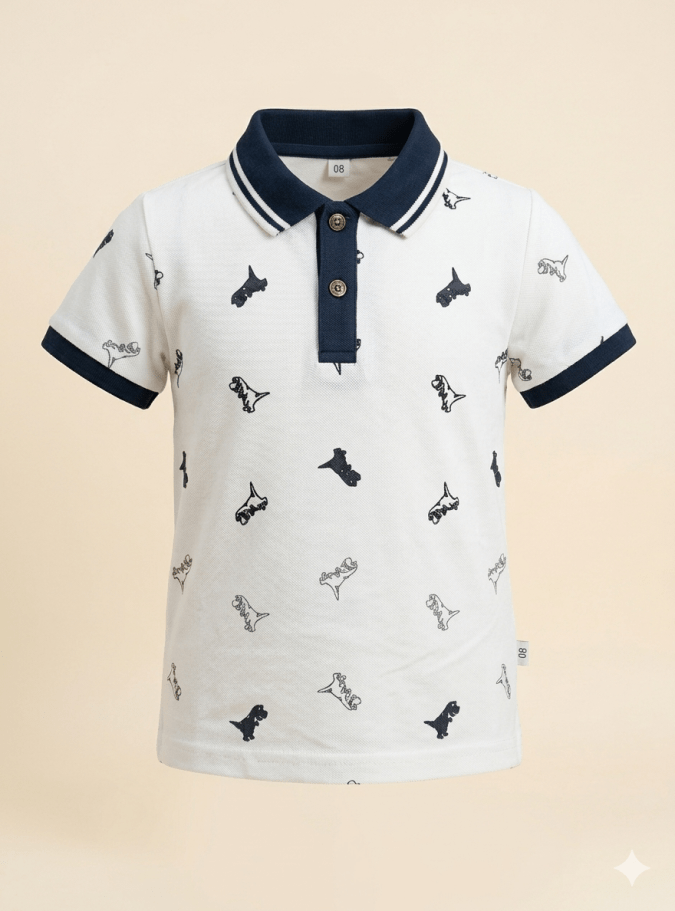 Boys – White polo T-shirt with DIno Prints