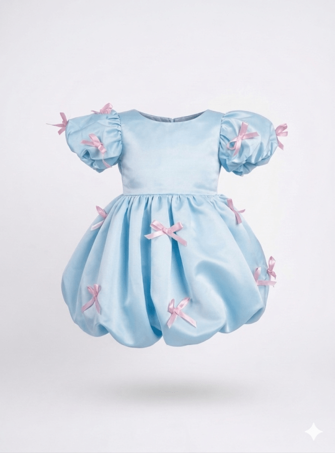 Party Dress Puff-Sleeve Bubble Dress. (Pastel Blue)