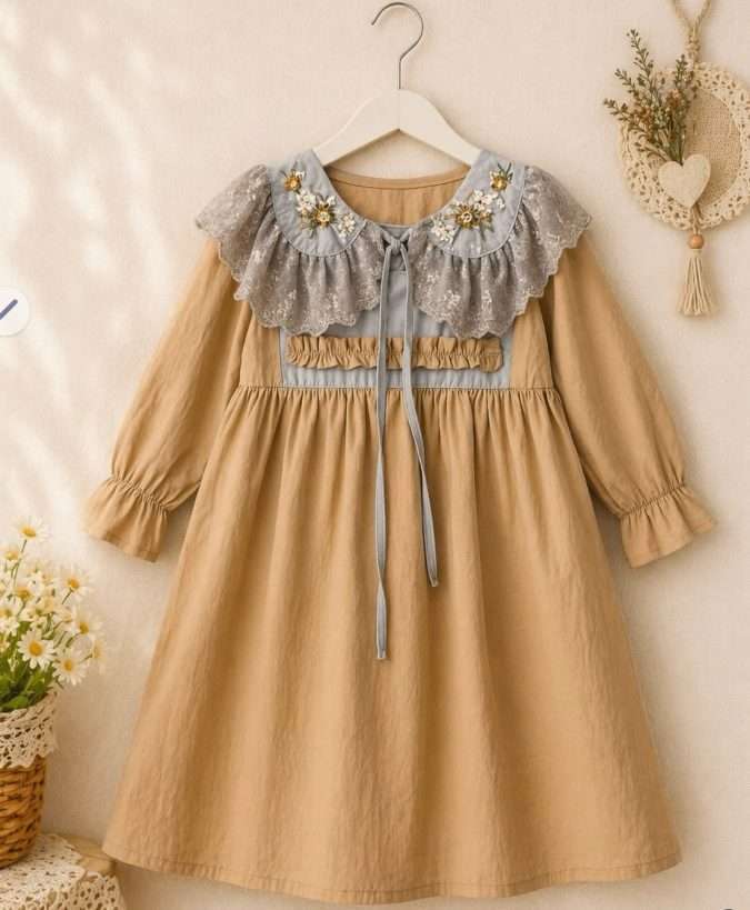 GIRLS COTTON  DRESS (Beige & lilac  )