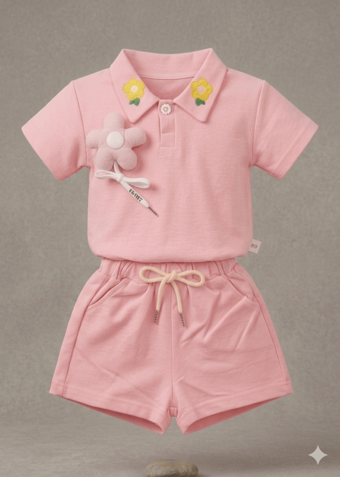 Girls – Baby Pink Cord Sets with Floral Brooch pin