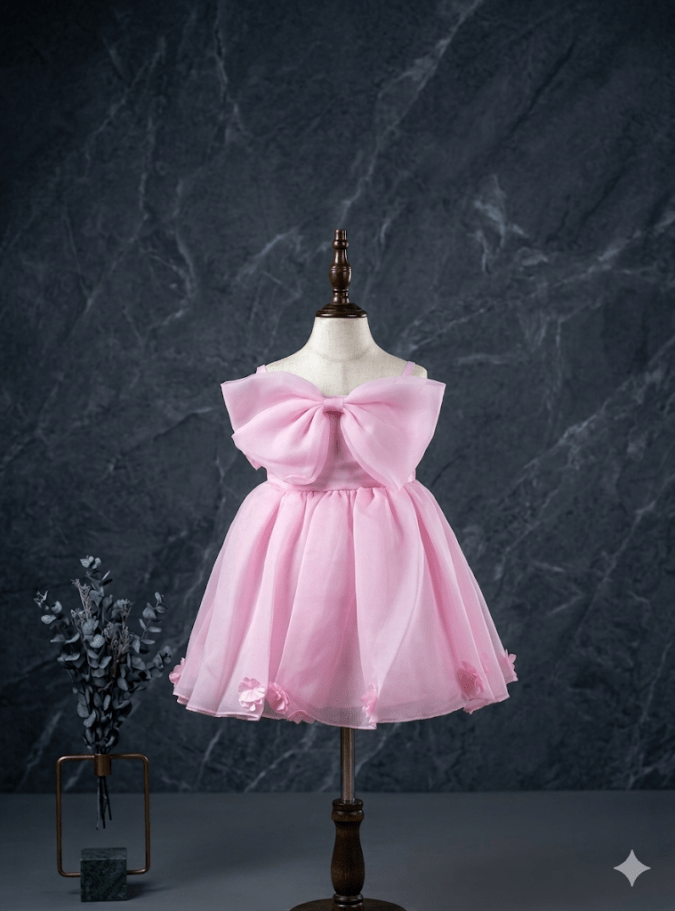 Girls’ Party Dress Bow Design (Baby  Pink)-Rear Bow