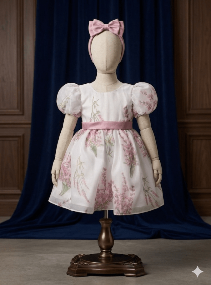 Girls’ Party Dress (Ivory and  Dusty Pink)-Rear Bow& Hair Band 