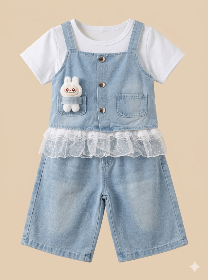 GIRLS DENIM (3-Piece Set) WITH WHITE LABUBU